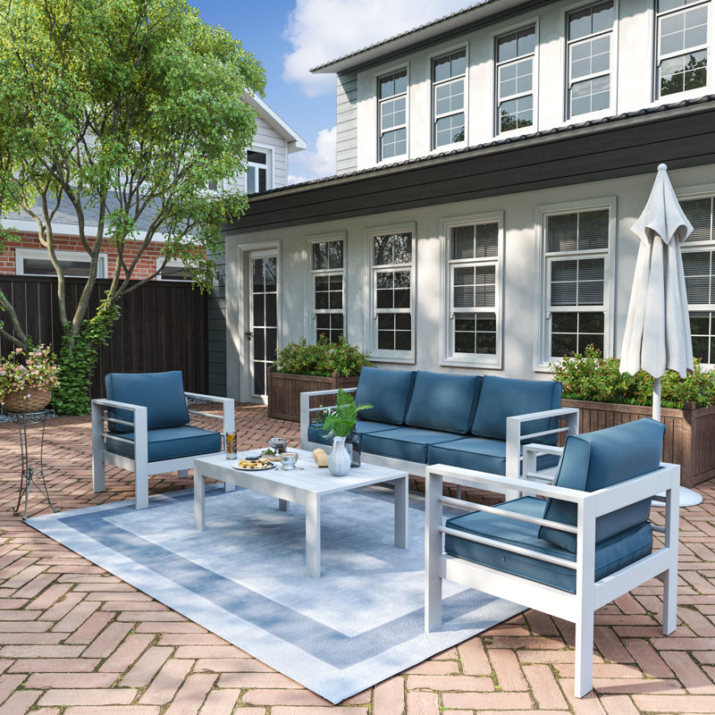 Rolston 5 Person Outdoor Seating Group with Cushions Blue Dark Gray